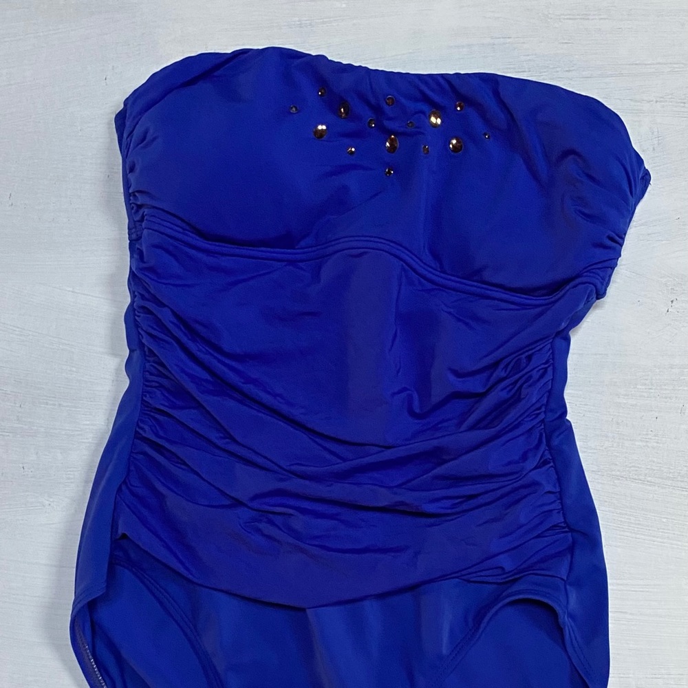 Blue strapless bathing suit with gems